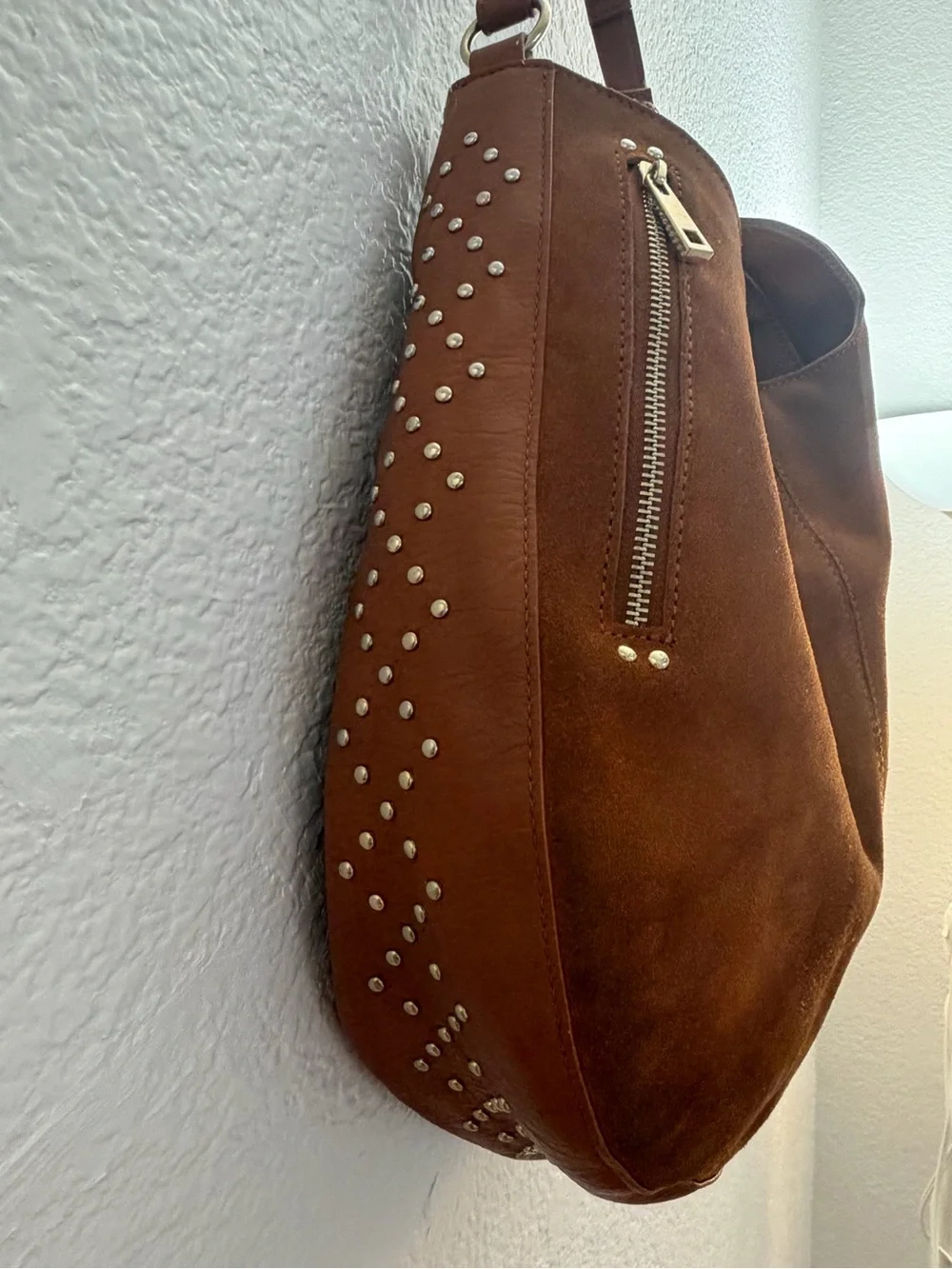 INC International Concepts Cognac Brown Suede Studded Hobo Bag